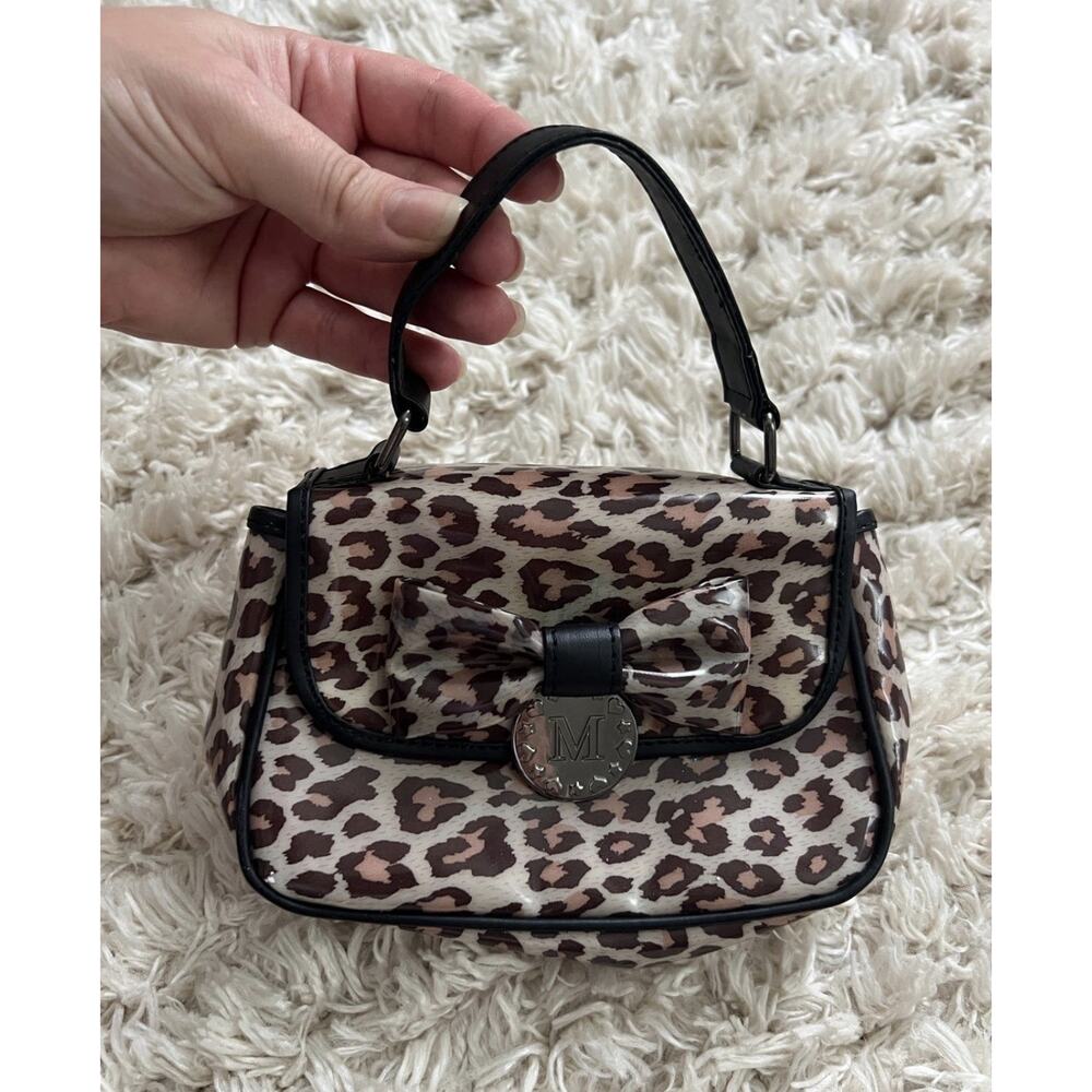 MONNALISA Girls Leopard Print Mini Handbag Bow Patent Satchel Purse Bag Italy